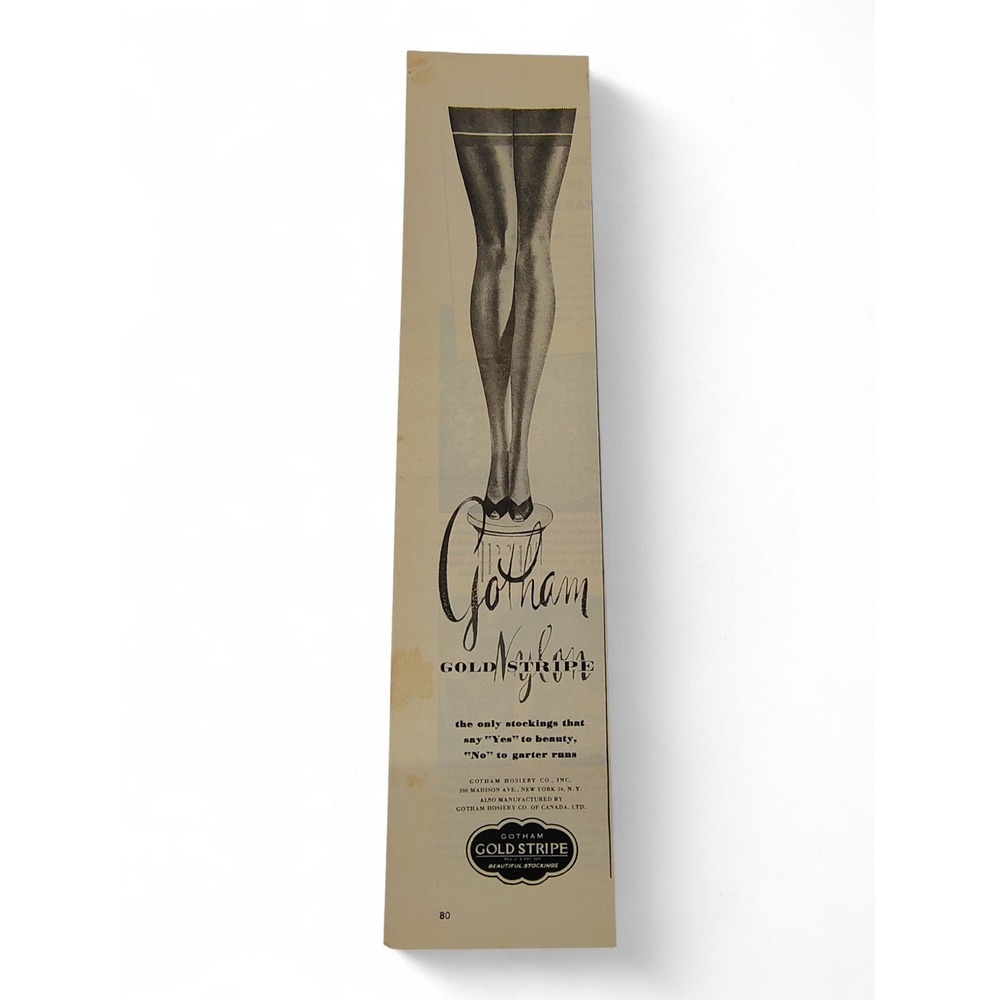 1946 Gotham Gold Stripe Stockings Print‎ Ad with Pin-up Style Legs Illustration